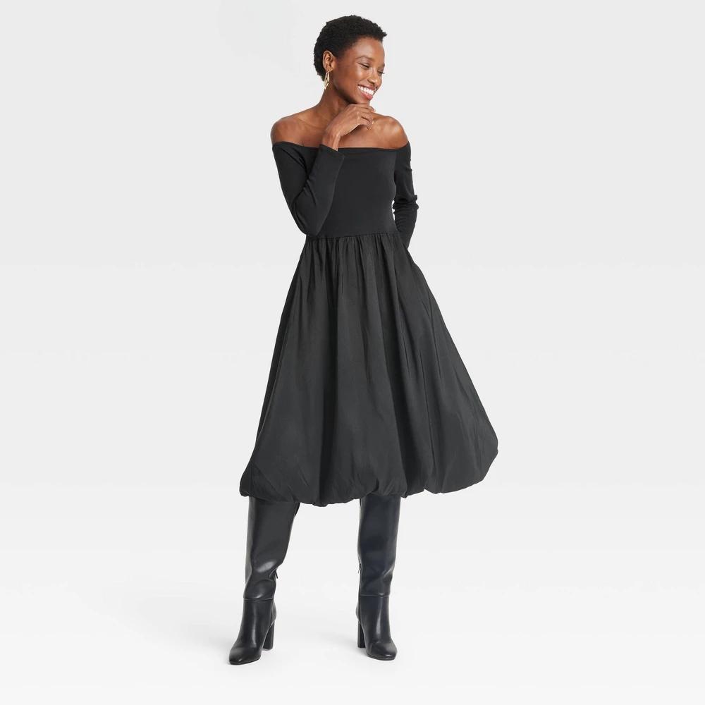 Womens Long Sleeve Midi Empire Waist Dress - A New Day Black Product Image