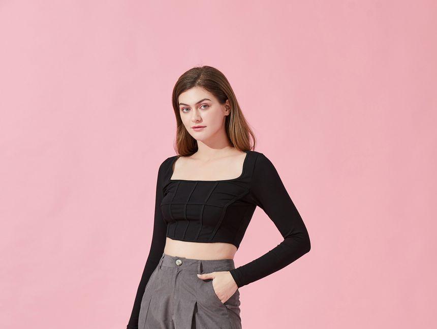 Eco-Friendly Long-Sleeve Square-Neck Crop Top Product Image