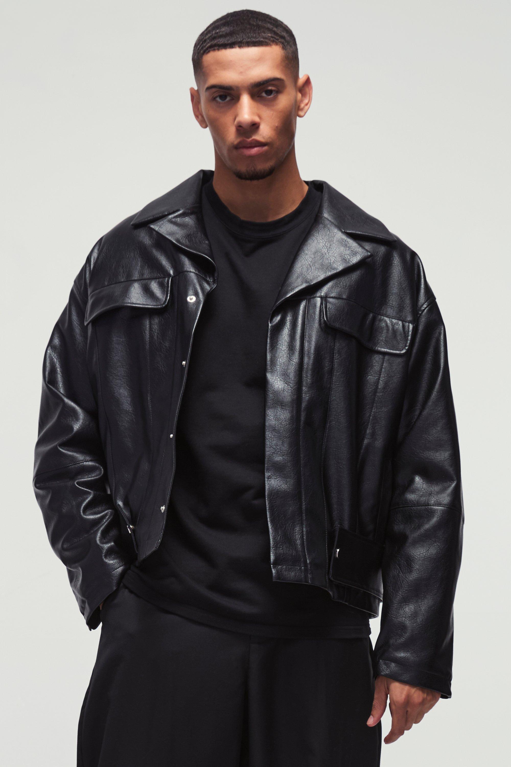 Oversized Official Boxy PU Collared Bomber Jacket in Black | boohooMAN USA product image