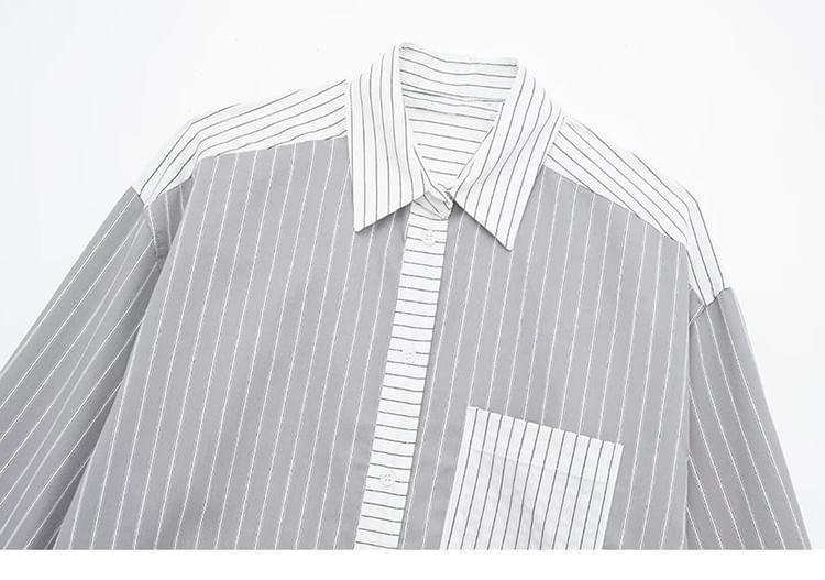 Long-Sleeve Striped Panel Button-Up Shirt Product Image