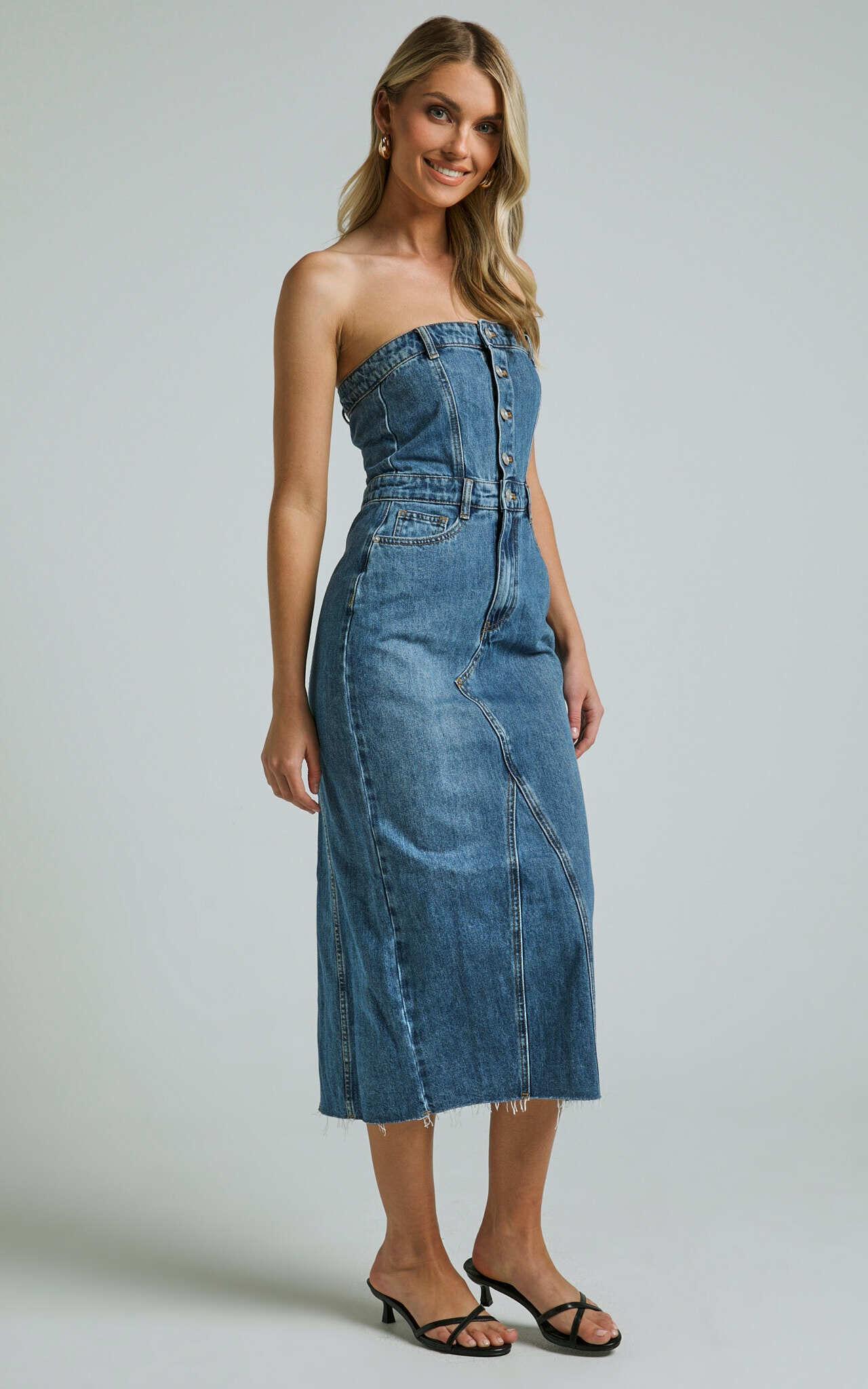 Keyla Midi Dress - Denim Strapless Button Front Shirred Back in Mid Blue Wash Product Image