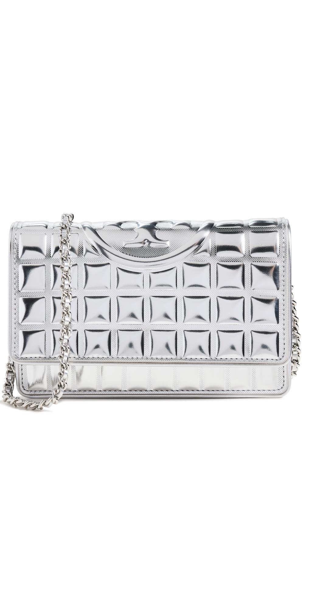 TORY BURCH Fleming Soft Metallic Quilt Chain Wallet Bag Silver Product Image