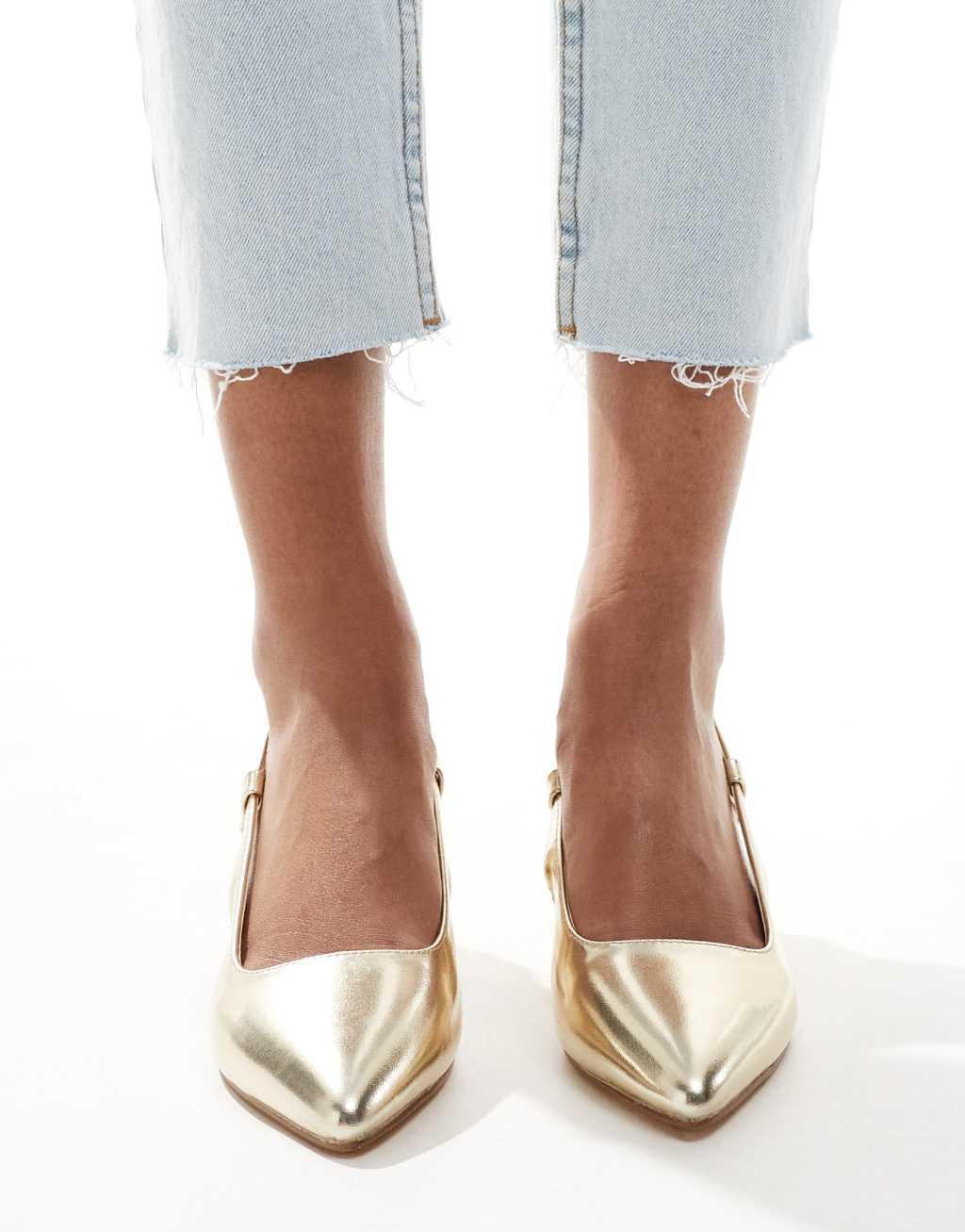 SEQWL pointed slingback block heel shoes in gold Product Image