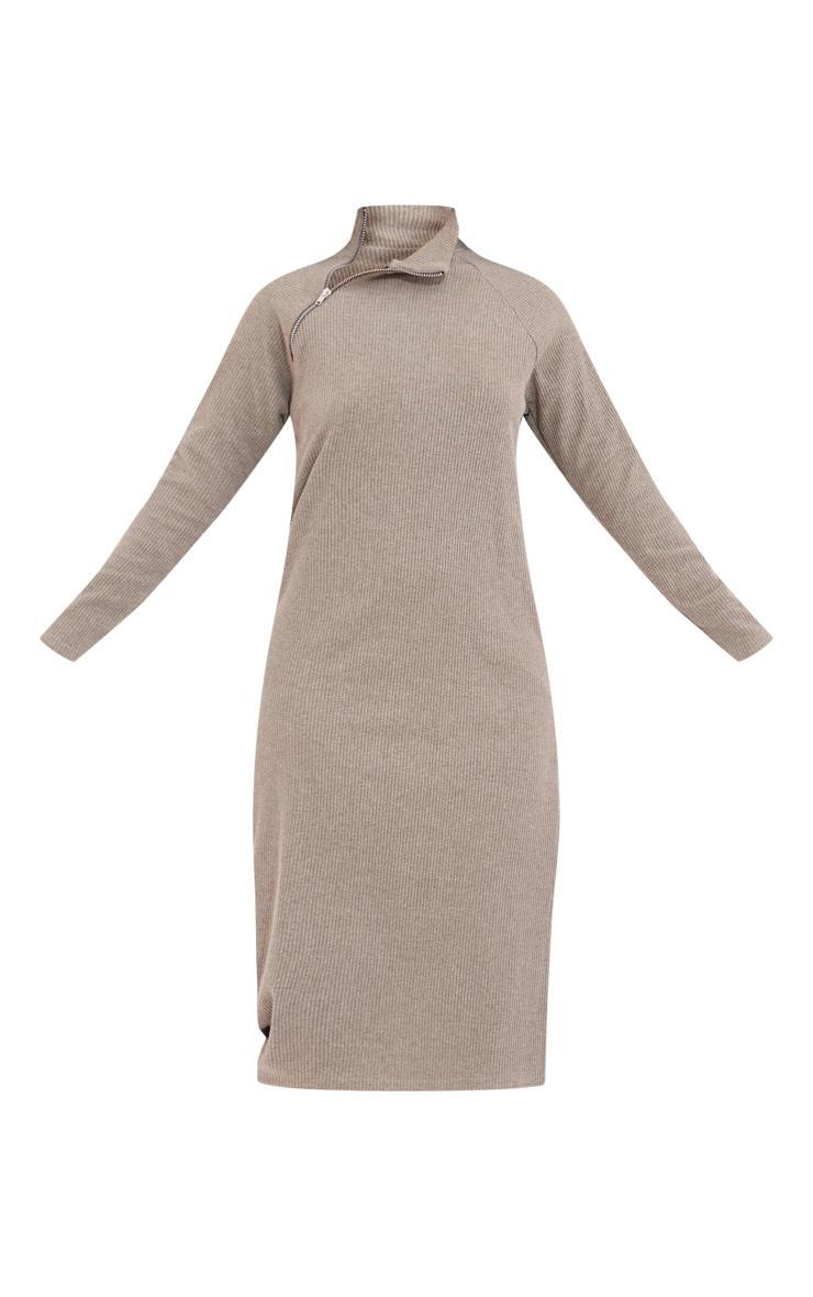 Sage Khaki Rib Zip Funnel Neck Split Detail midi Dress Product Image