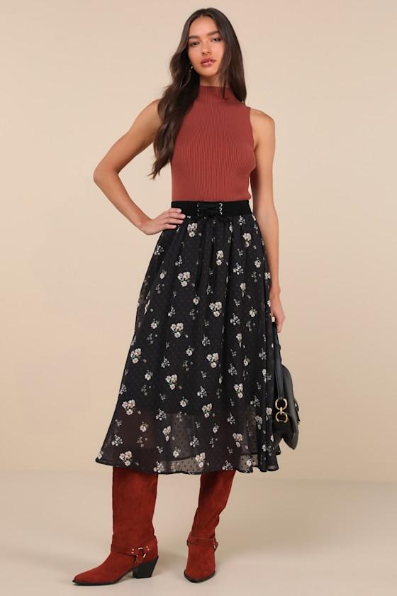 Convincingly Sweet Black Floral Clip Dot Lace-Up Midi Skirt Product Image