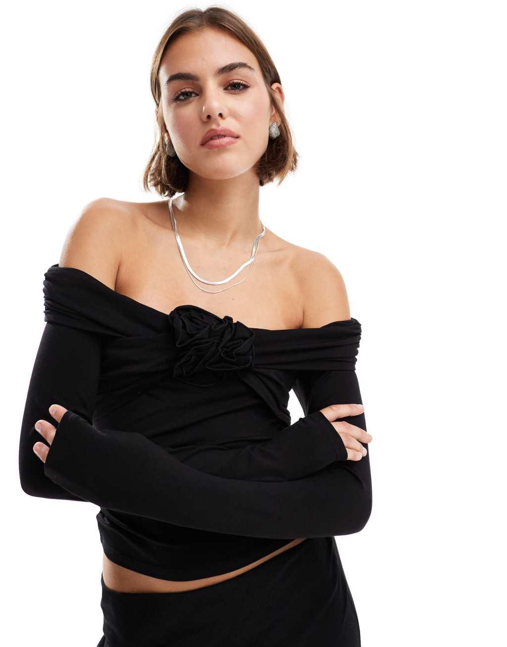 & Other Stories off-shoulder long sleeve top with front corsage in black Product Image