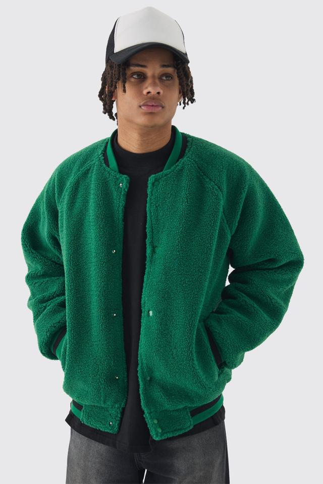 Borg Bomber Jacket In Green | boohooMAN USA Product Image