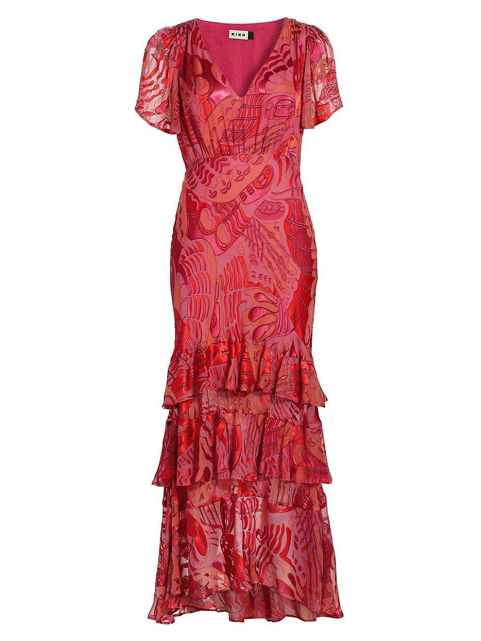 Womens Gilly Silk-Blend Velvet Ruffled Maxi Dress Product Image