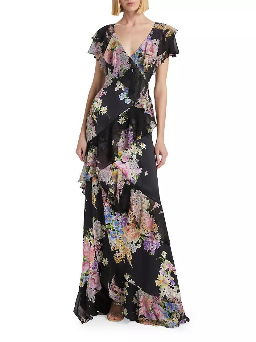 Floral Chiffon Diagonal Ruffle Gown Product Image