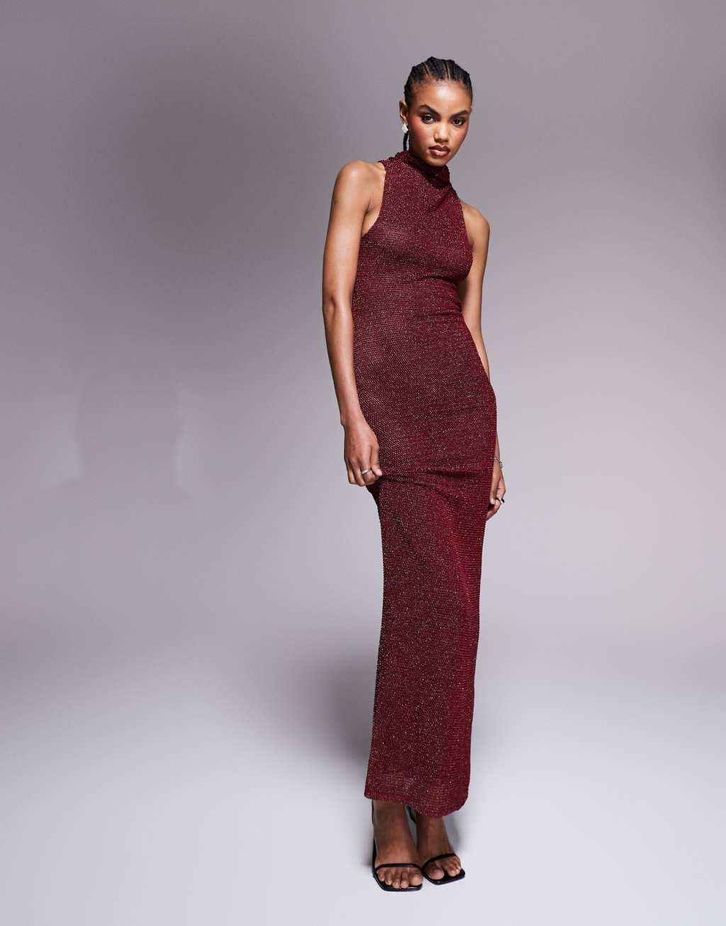 ASOS DESIGN shimmer knit high neck halter maxi dress in burgundy Product Image