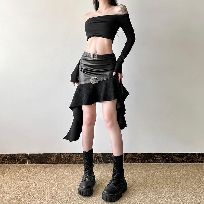 High Rise Plain Buckled Ruffle Asymmetrical Faux Leather Mini Pencil Skirt Product Image