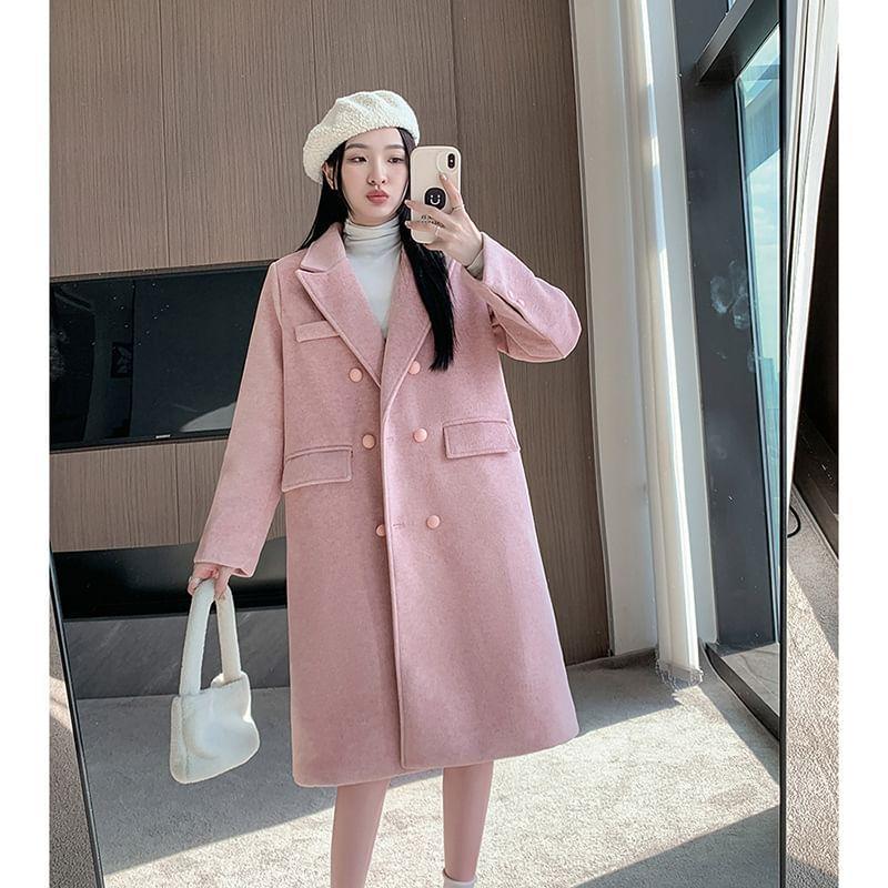 Lapel Collar Plain Double Breasted Long Coat Product Image