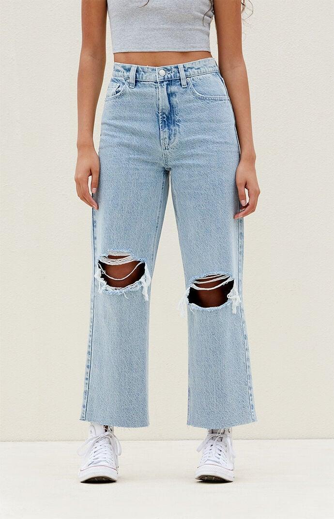 Women's Light Indigo Ripped Cropped Wide Leg Jeans Product Image