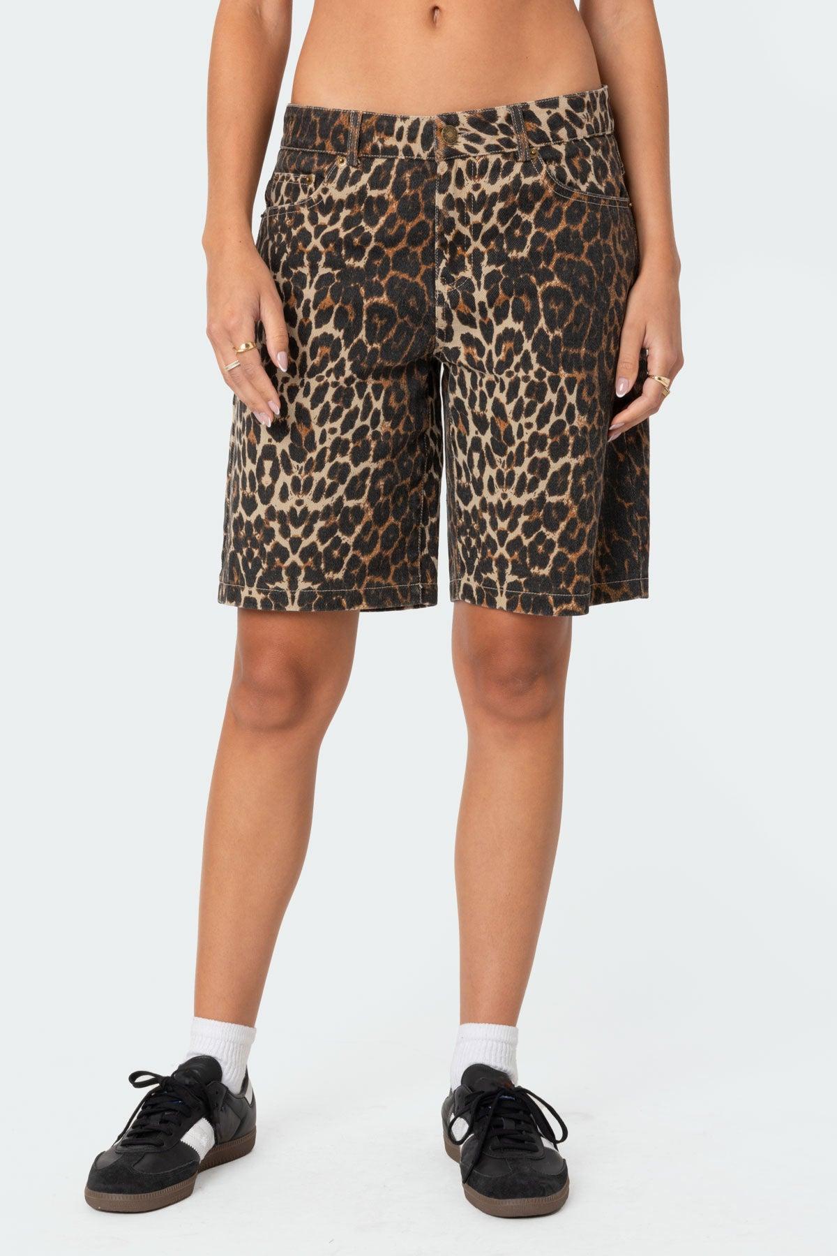 Leopard Low Rise Denim Bermuda Shorts Product Image