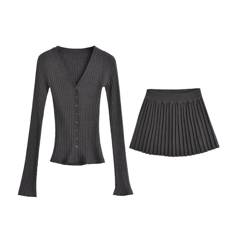 Set: V-Neck Plain Ribbed Cardigan + High Rise Accordion Pleated Mini A-Line Skirt Product Image