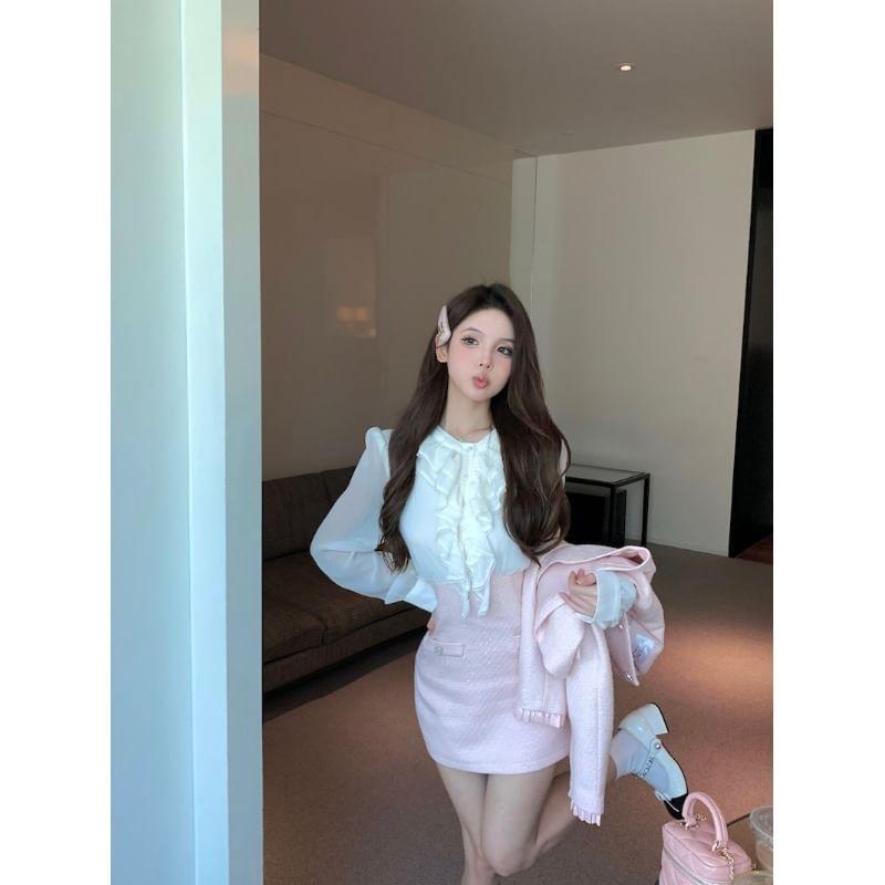 Crew Neck Plain Frill Trim Button-Up Crop Jacket / Long-Sleeve Two Tone Ruffle Trim Mini Sheath Dress Product Image