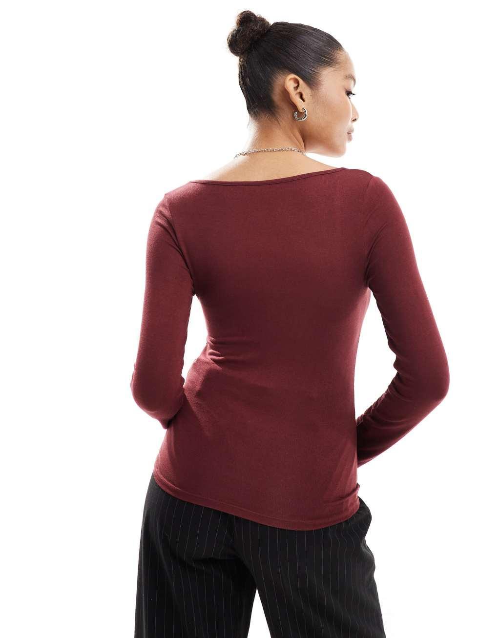 ASOS DESIGN fine knit scoop neck long sleeve top in burgundy Product Image