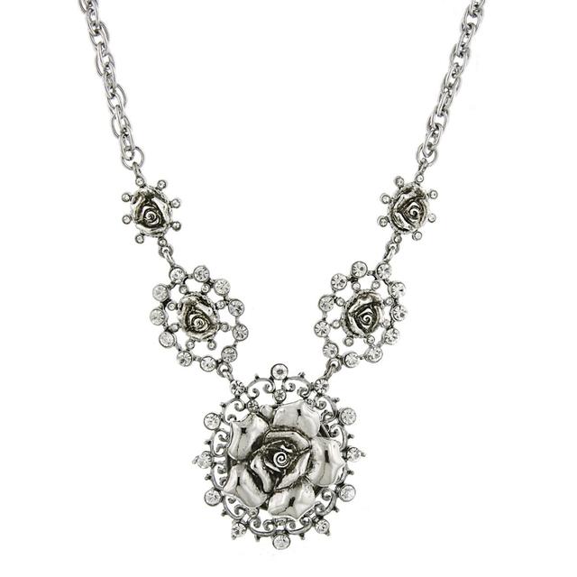 1928 Silver Tone Rose & Simulated Crystal Necklace, Womens Product Image