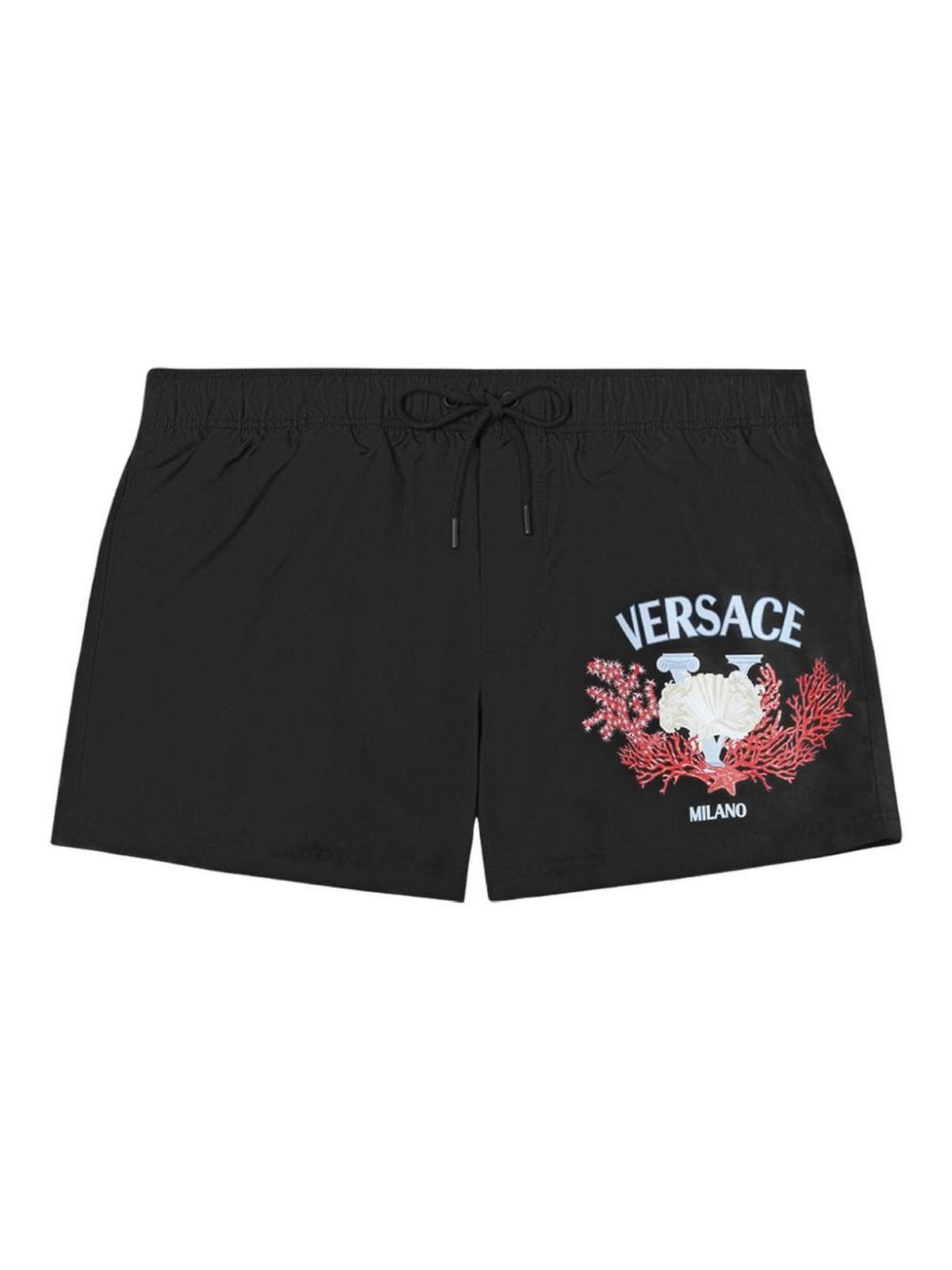 Swim Shorts With Front Print And Logo In Black Product Image