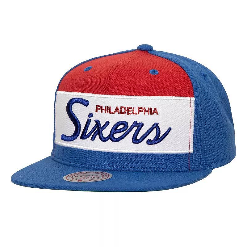 Mens Mitchell & Ness White/Royal Philadelphia 76ers Retro Sport Color Block Script Snapback Hat Product Image