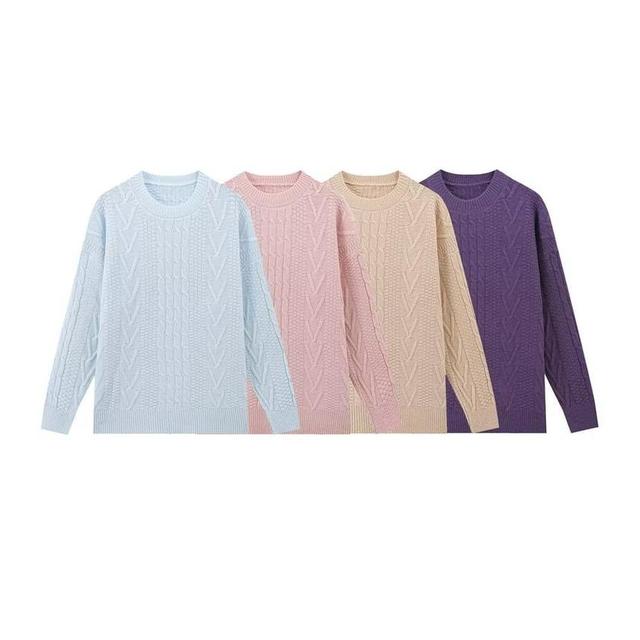 Round Neck Plain Cable Knit Sweater Product Image