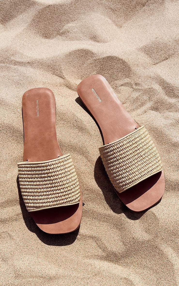 Natural Pu Square Toe Raffia Strap Flat Sandals Product Image