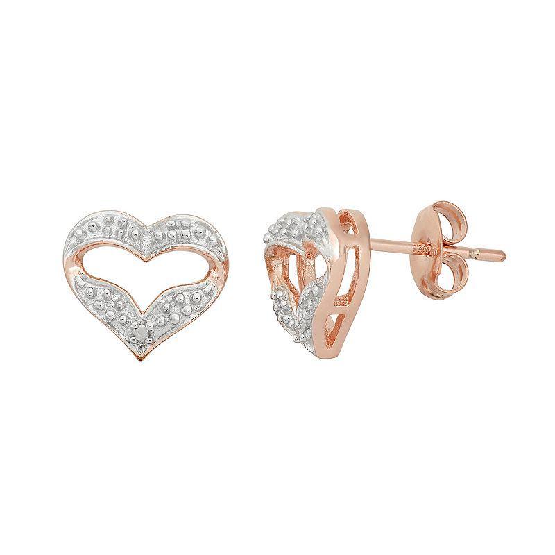 18k Rose Gold Over Silver Heart Stud Earrings, Womens, White Product Image