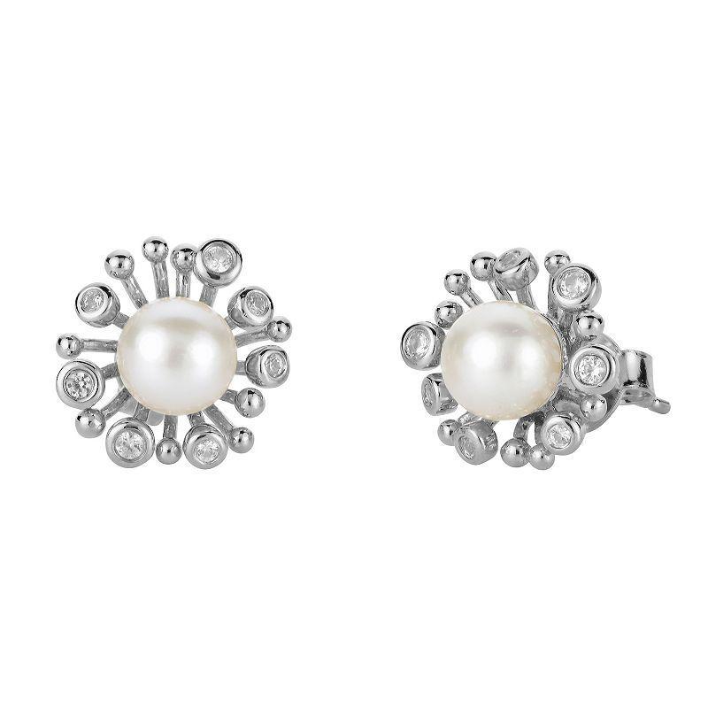 PearLustre by Imperial Sterling Silver Freshwater Cultured Pearl & Lab-Created White Sapphire Star Burst Earrings, Womens Product Image