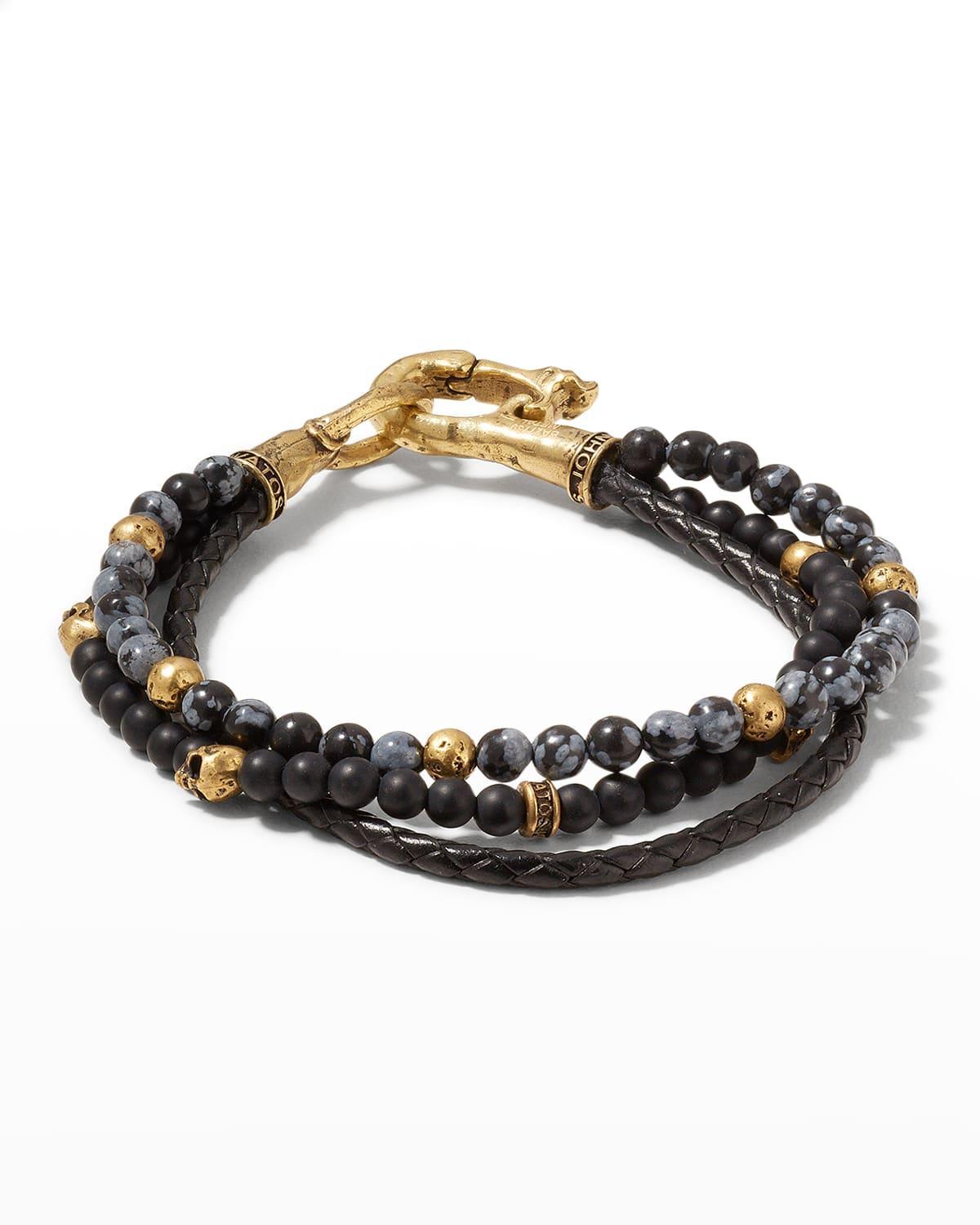 Mens Multi-Strand Leather, Onyx & Obsidien Beaded Bracelet Product Image