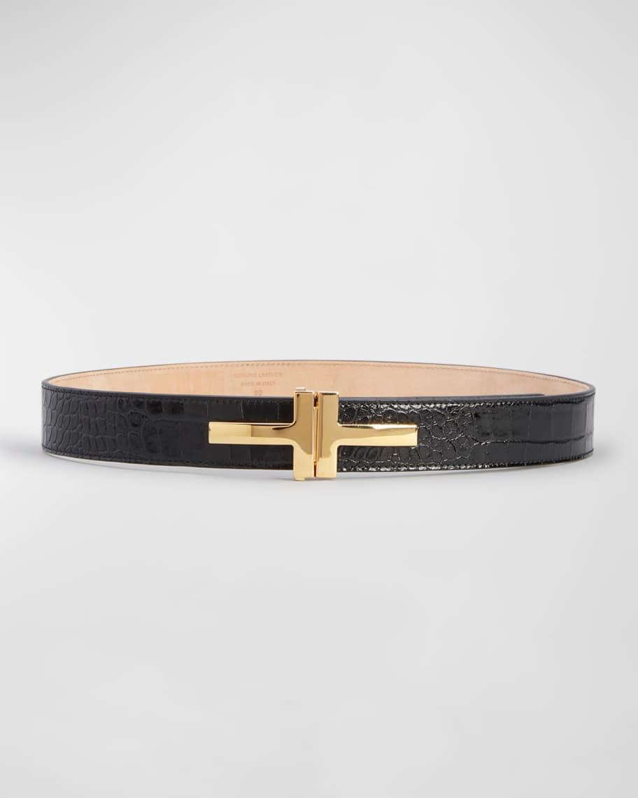 Double T Croc-Embossed Leather Belt  Product Image