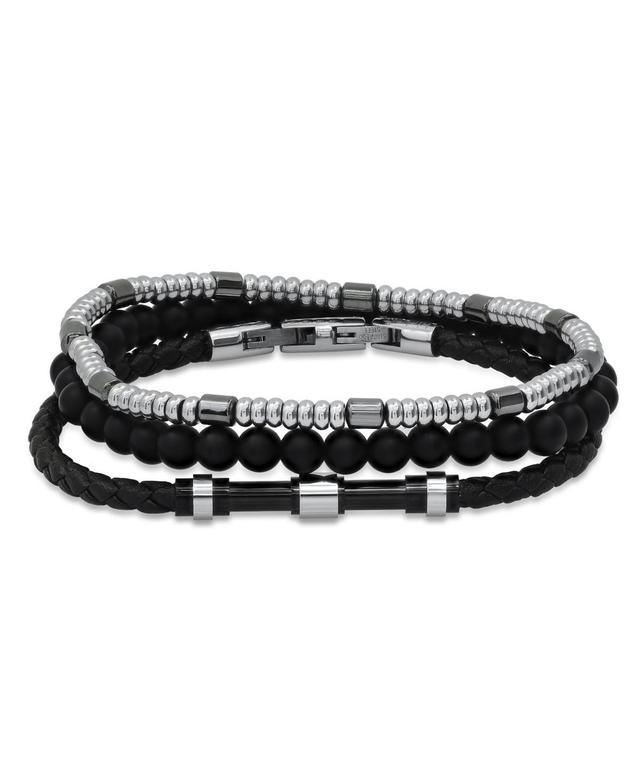 hickey by Hickey Freeman Genuine Leather Skinny with Stainless Steel Hematite Bracelet, 3 Piece Set Product Image