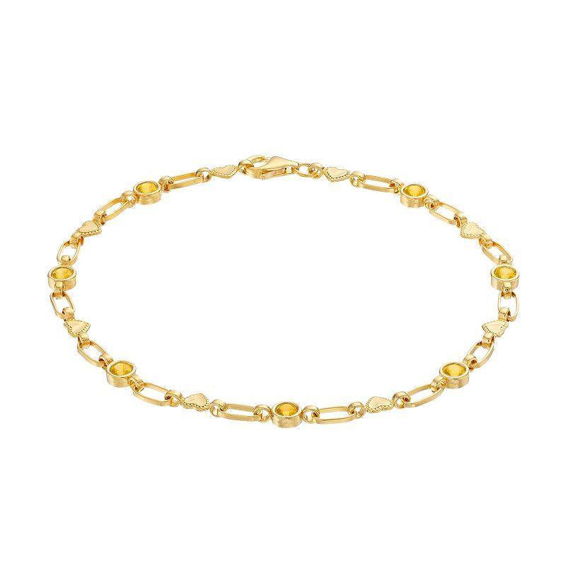 Kristen Kesho Sterling Silver Lab-Created Yellow Sapphire Heart Link Bracelet, Womens Gold Tone Product Image