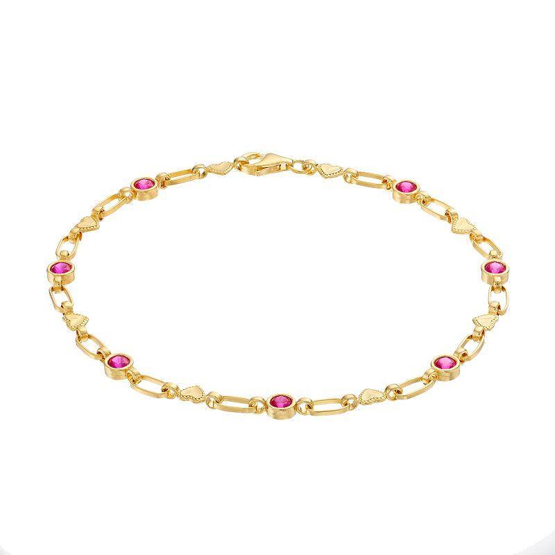 Kristen Kesho Sterling Silver Lab-Created Ruby Heart Link Bracelet, Womens Gold Tone Product Image