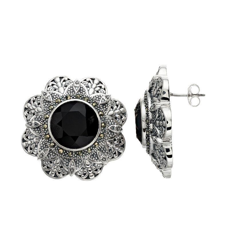 Lavish by TJM Sterling Silver Onyx & Marcasite Floral Stud Earrings, Womens Product Image