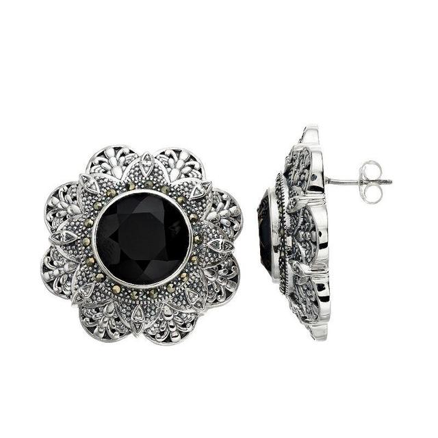 Lavish by TJM Sterling Silver Onyx & Marcasite Floral Stud Earrings, Womens, Black Product Image