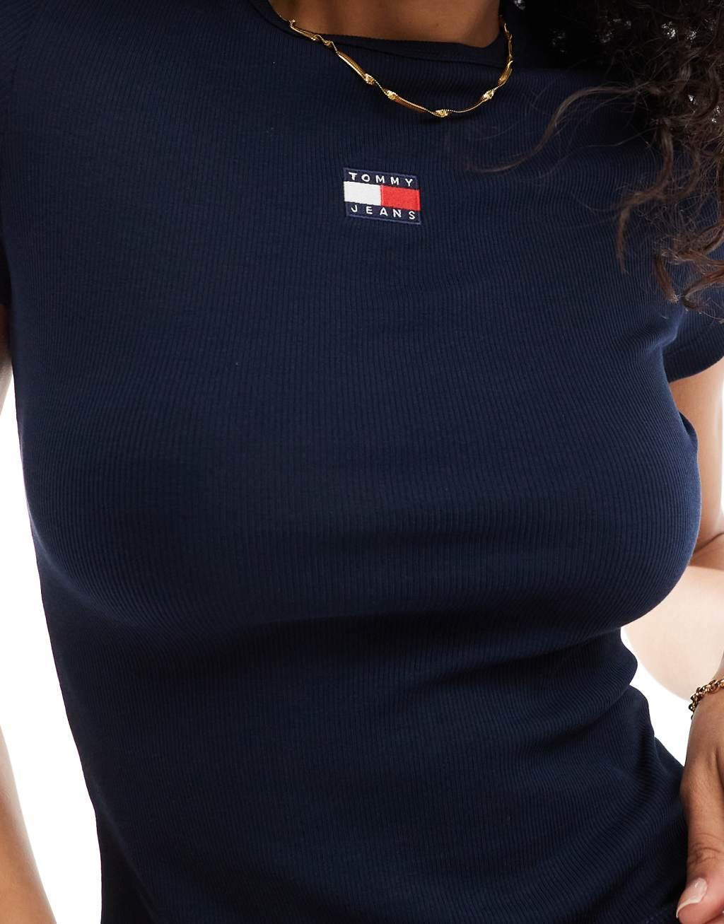 Tommy Jeans badge ribbed t-shirt in navy Product Image