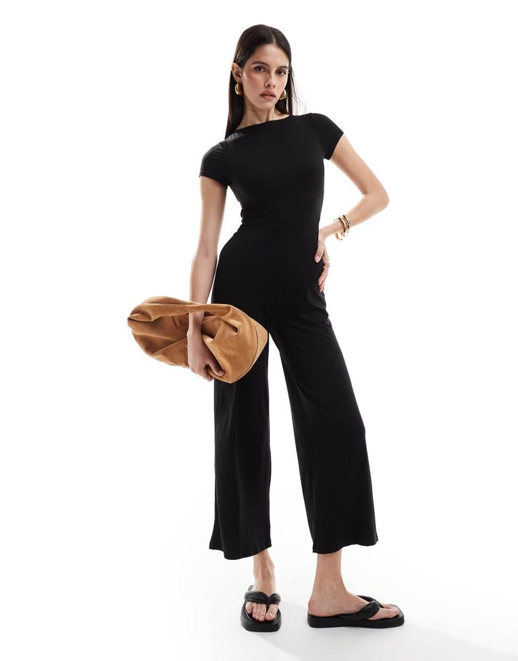 ASOS DESIGN cap sleeve slash neck jumpsuit in black Product Image