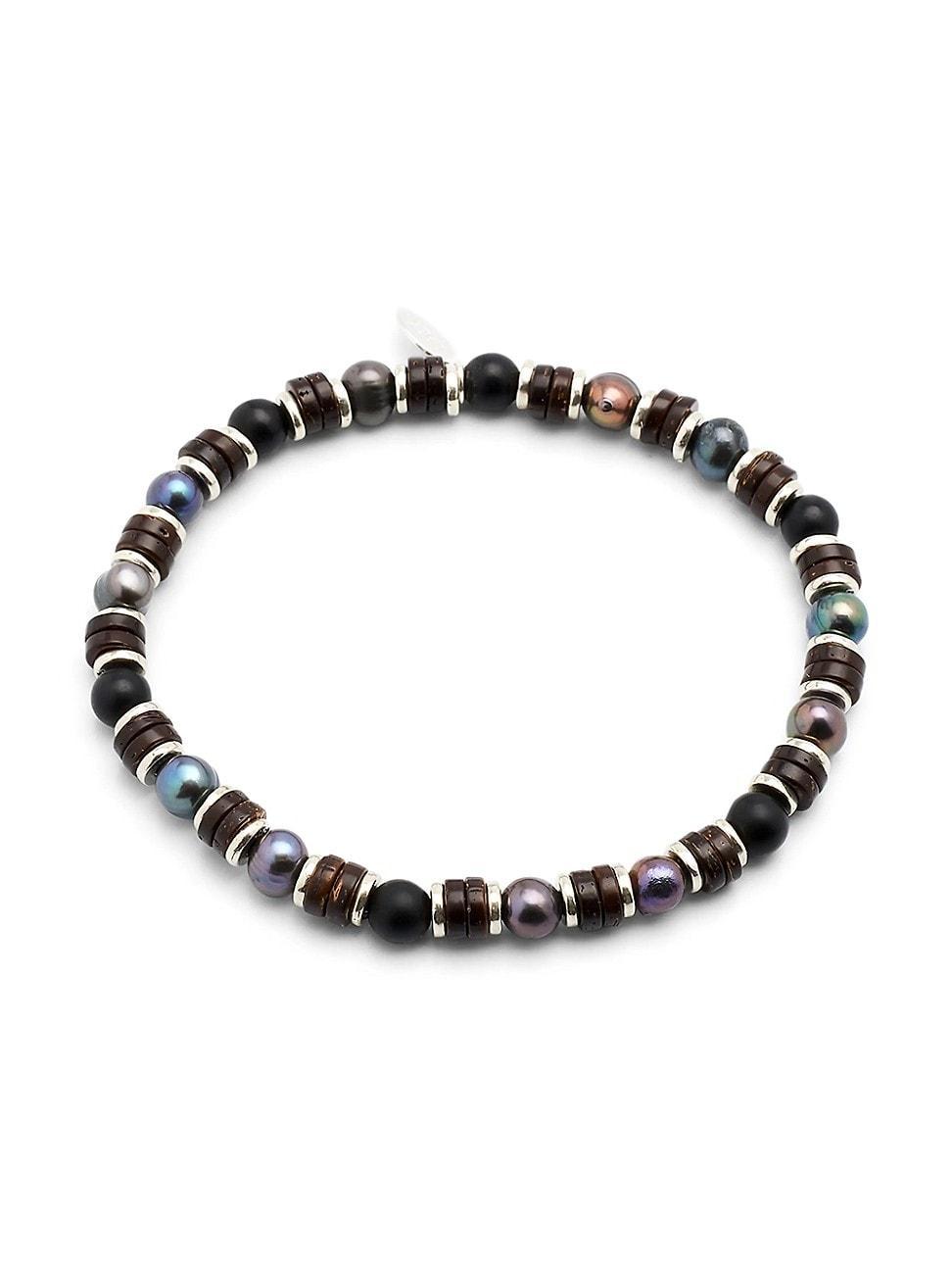 Mens Freshwater Pearl & Agate Beaded Bracelet Product Image