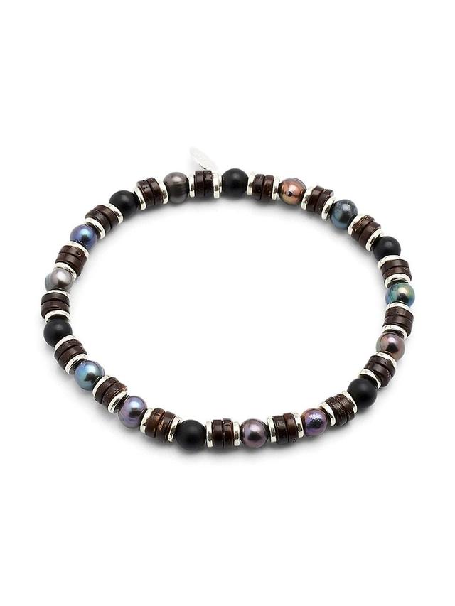 Mens Grey Freshwater Pearl and Agate Beaded Bracelet Product Image