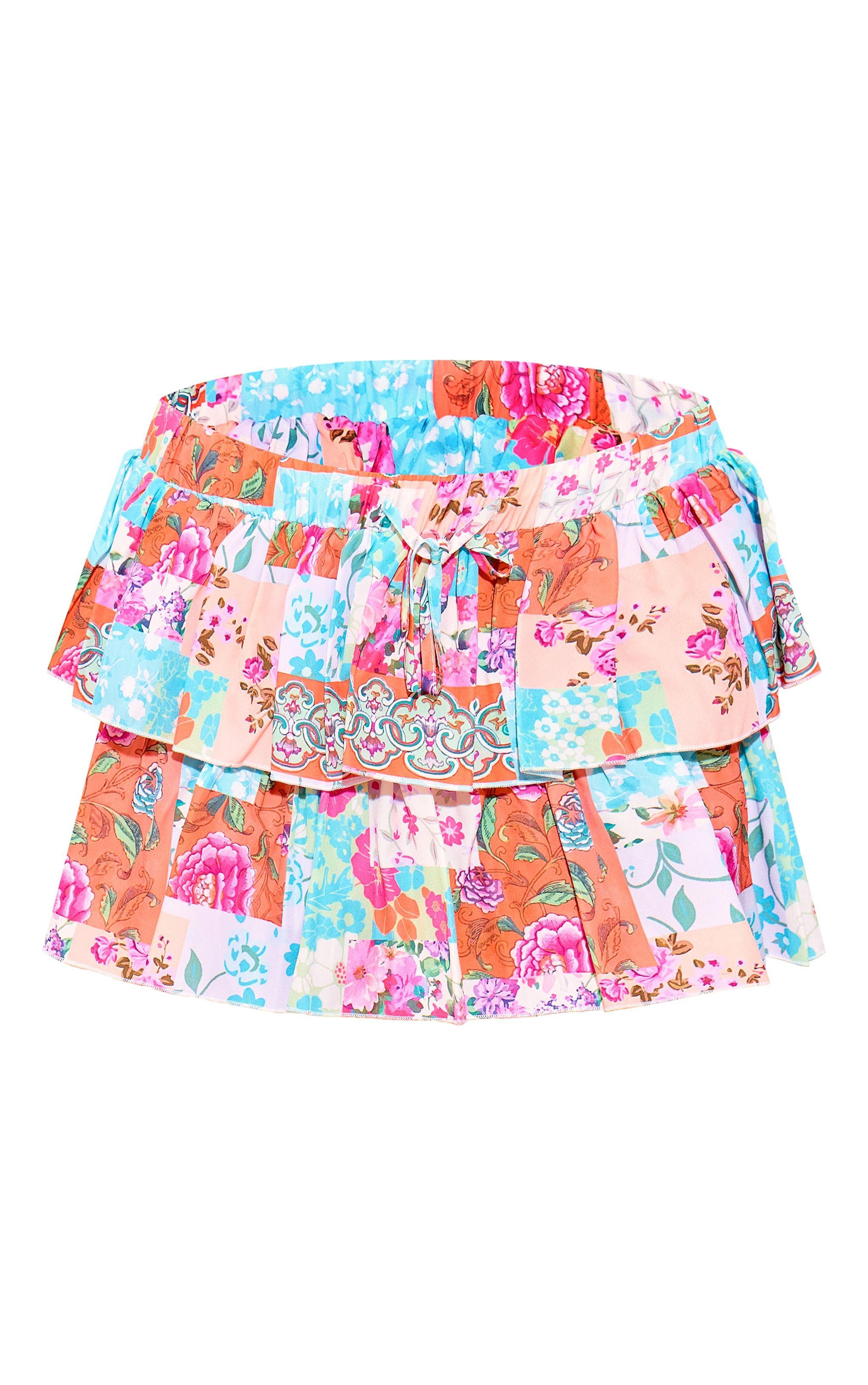 Pink Patchwork Printed Tiered Frilly Mini Skirt Product Image