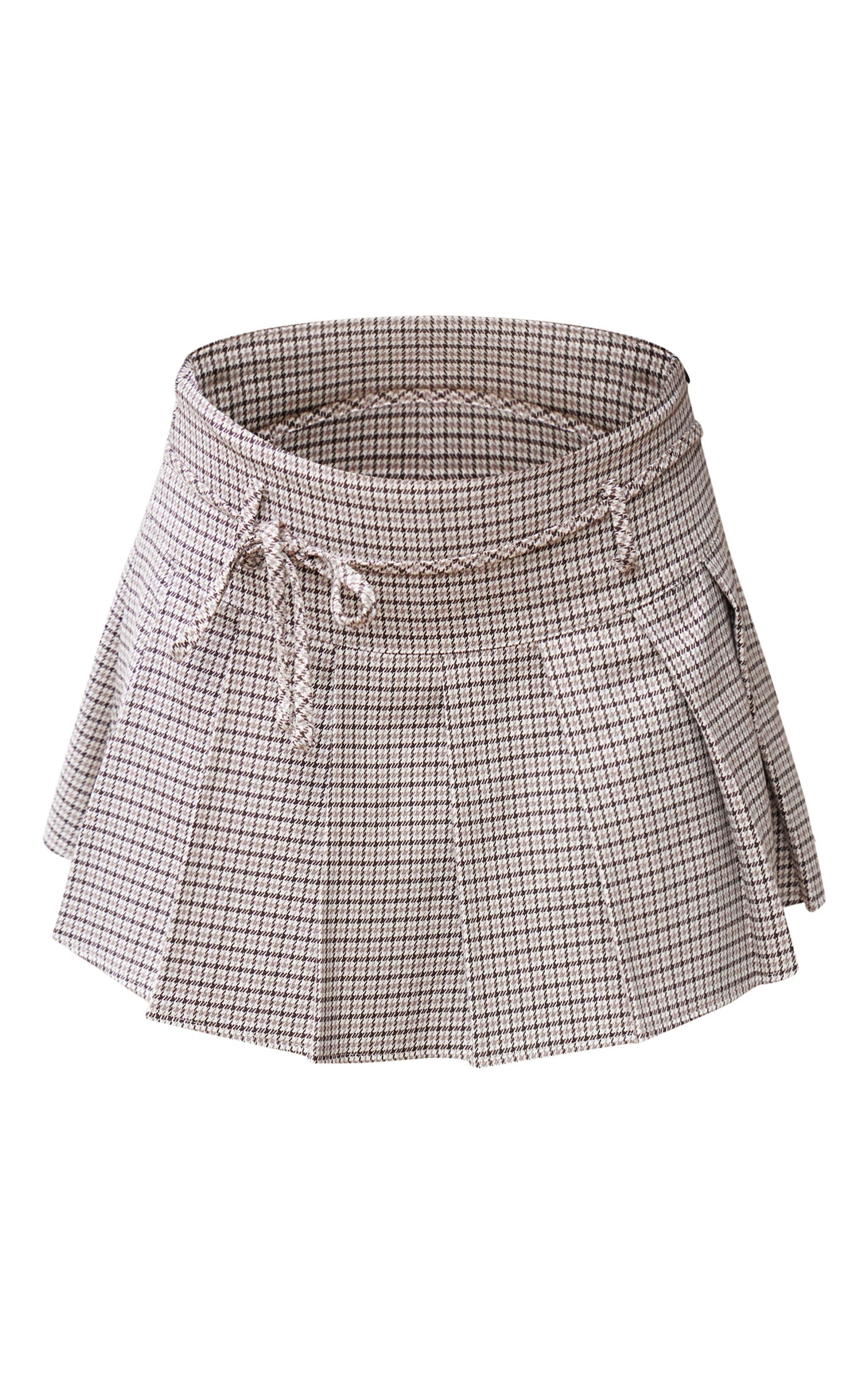 Brown Gingham Print Pleated Tie Detail Mini Skirt Product Image