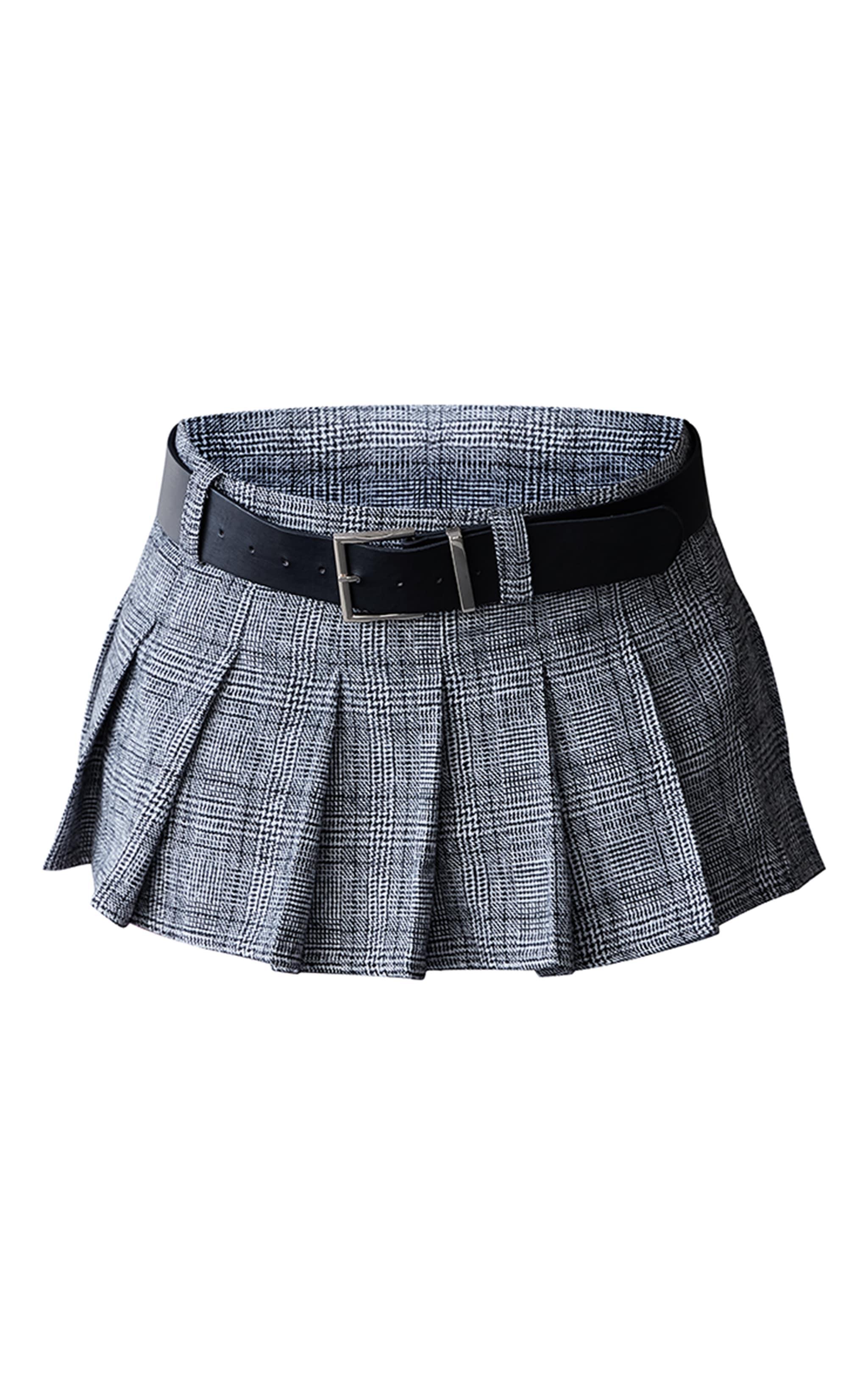 Monochrome Plaid Brushed Woven Belted Pleated Mini Skirt Product Image