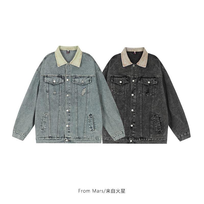 Lapel Collar Washed Denim Button Jacket product image