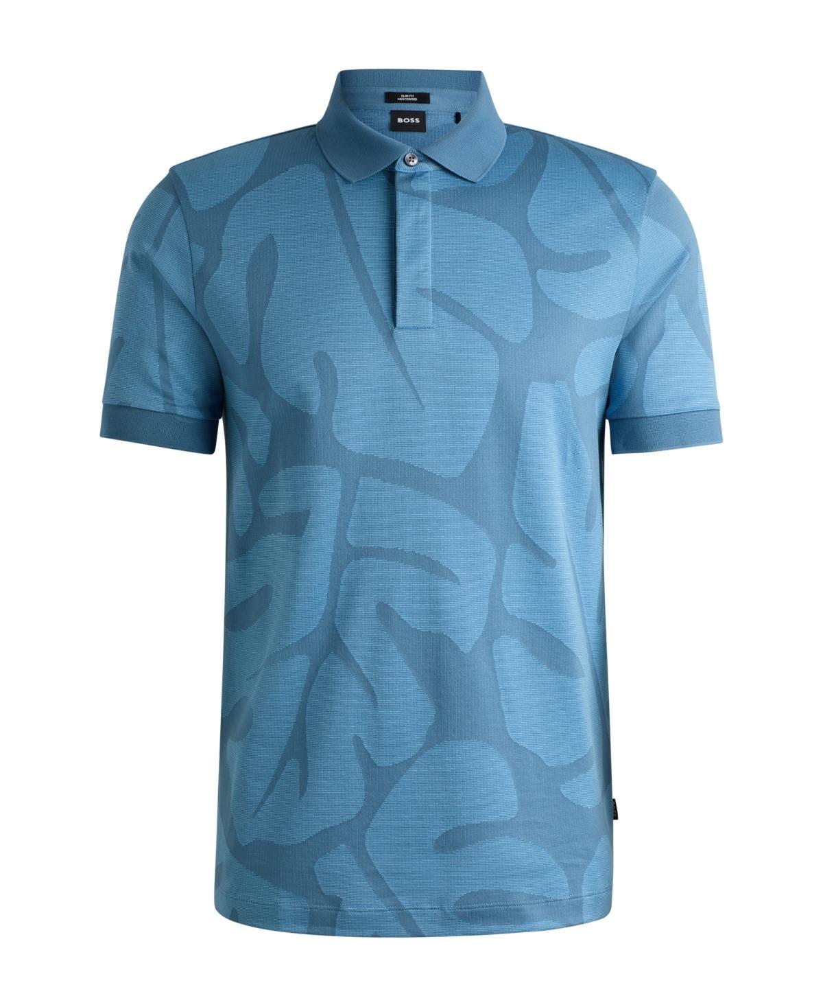 HUGO BOSS Slim-fit Polo Shirt In Monstera-leaf Cotton In Light Blue Product Image