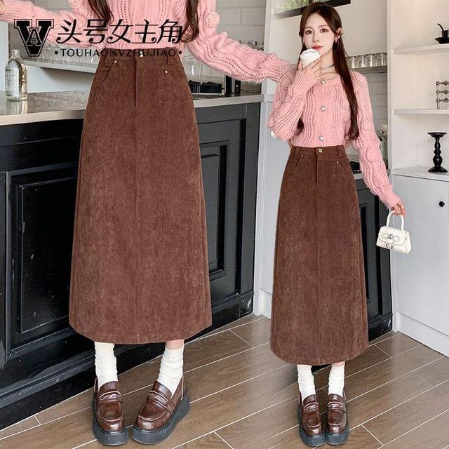 High Waist Corduroy Midi A-Line Skirt Product Image