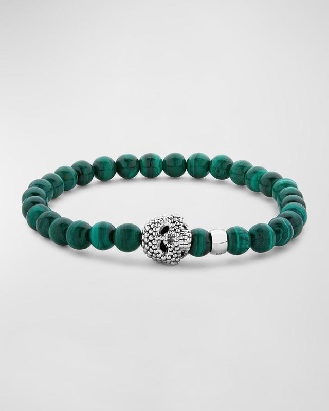 Mens Sterling Silver Anthem Malachite Skull Beaded Bracelet, 6mm Product Image