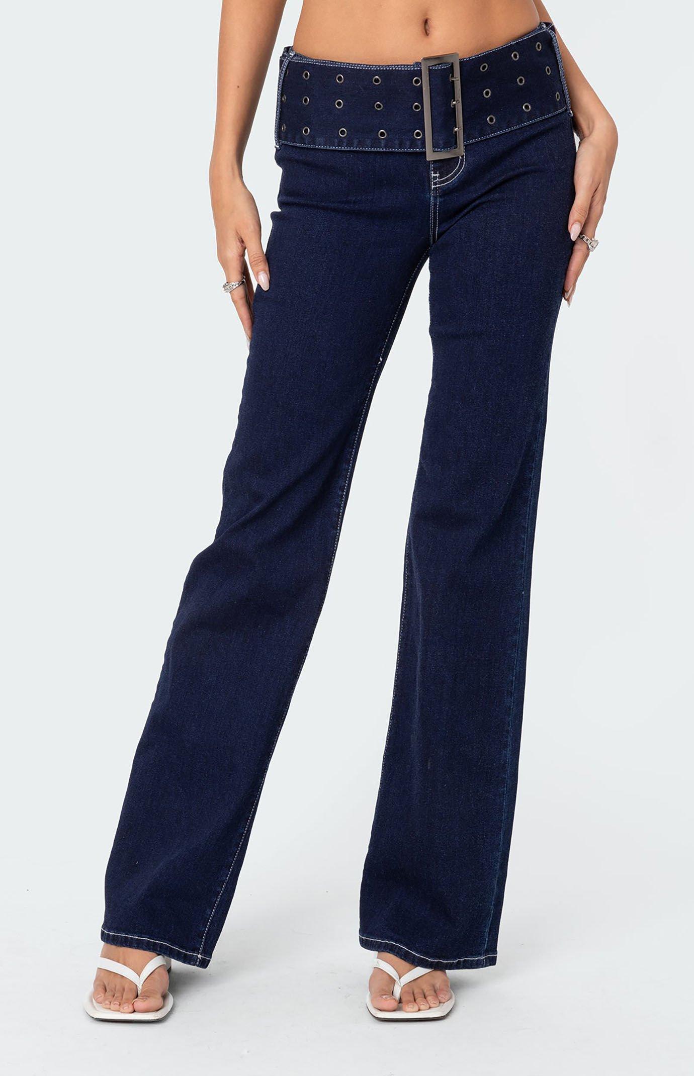 Edikted Women's Buckle Belt Washed Flare Jeans Product Image