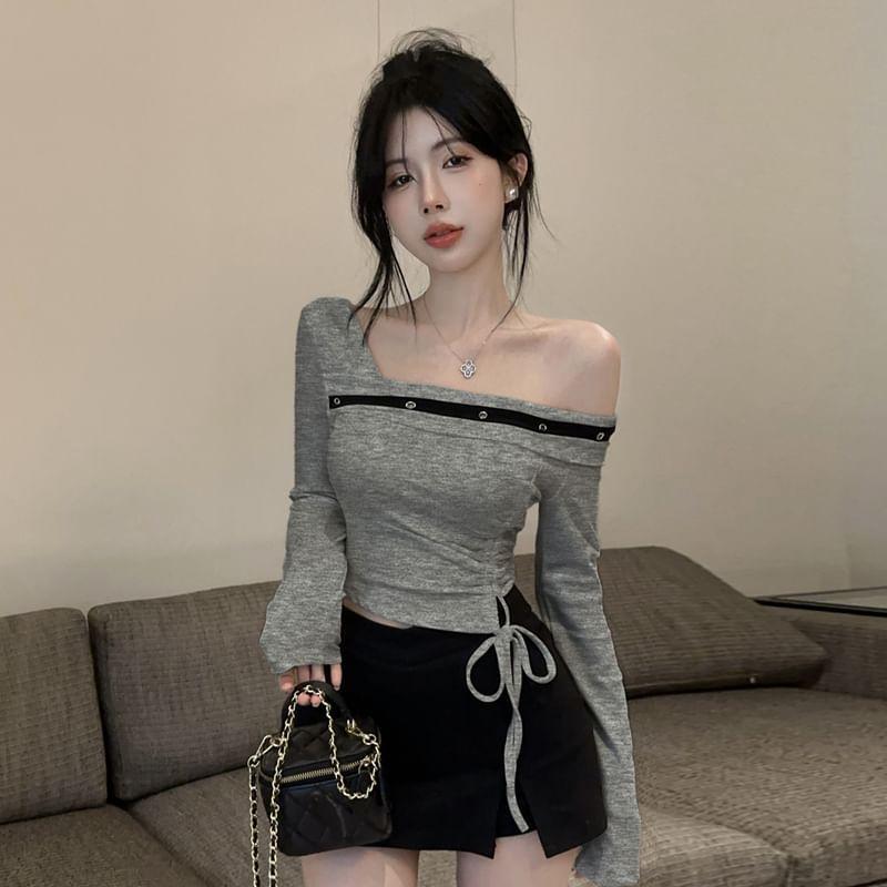 Long-Sleeve Asymmetrical Two Tone Crop Top Product Image