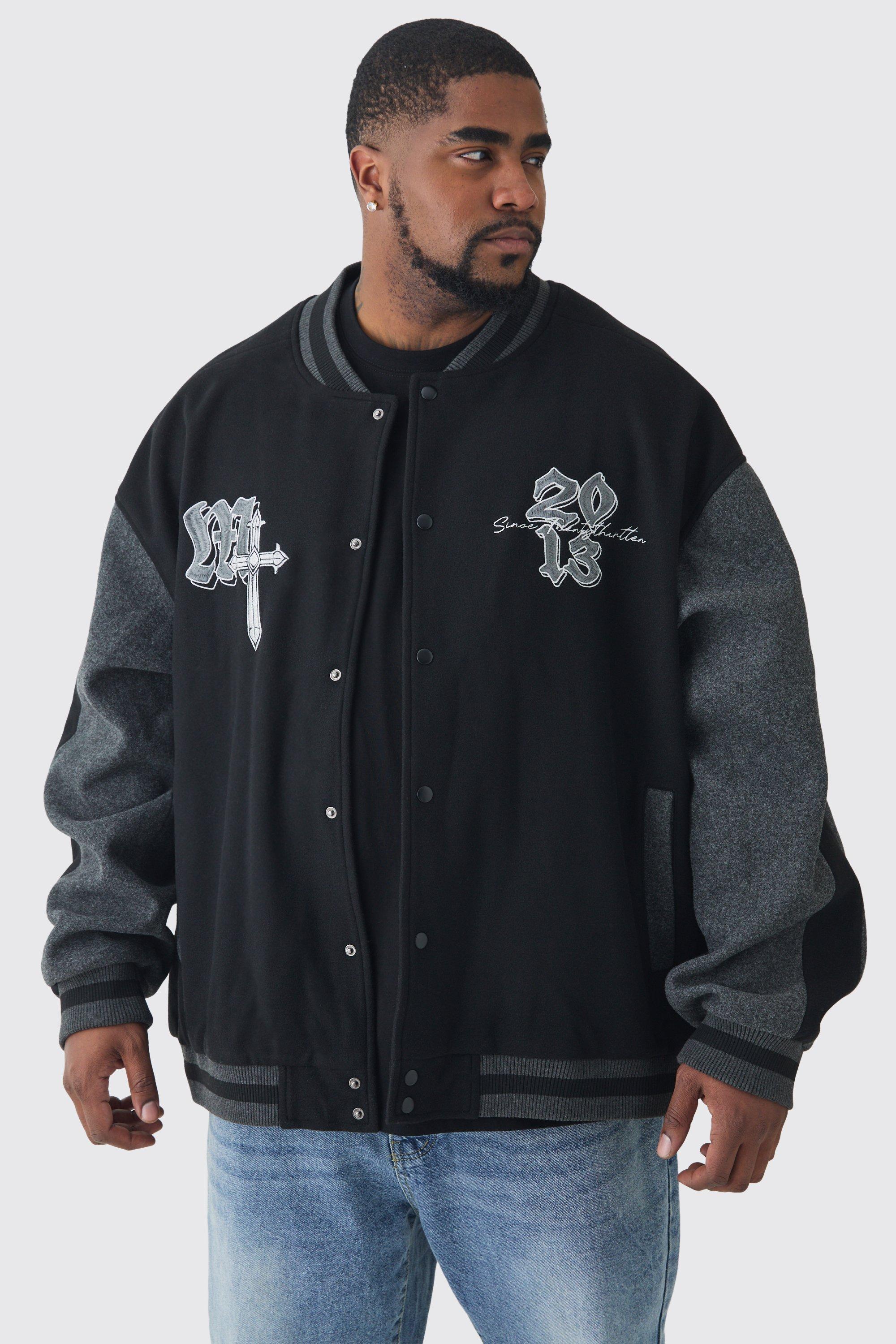 Plus Oversized Official Colour Block Varsity Jacket In Black | boohooMAN USA Product Image