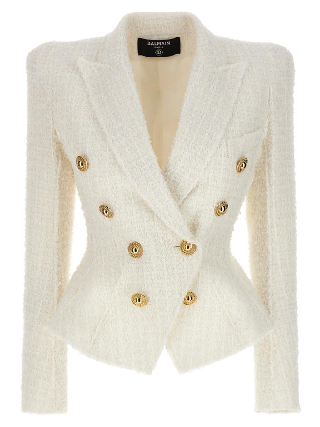 Double-breasted Tweed Blazer With Logo Buttons Blazer And Suits In Bianco Product Image